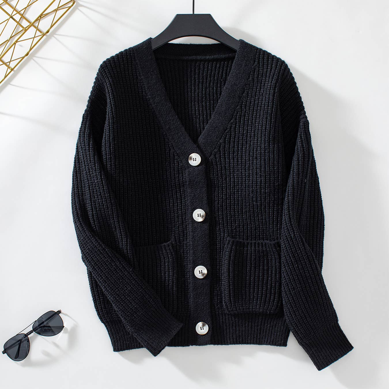 Casual V-Neck Button-Down Knitted Sweater Cardigan: Khaki / L