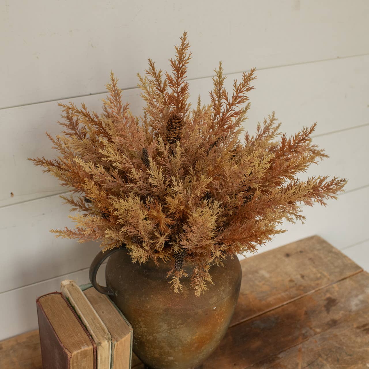14" WHEAT & BURGUNDY PRICKLY PINE BUSH W/ CONES