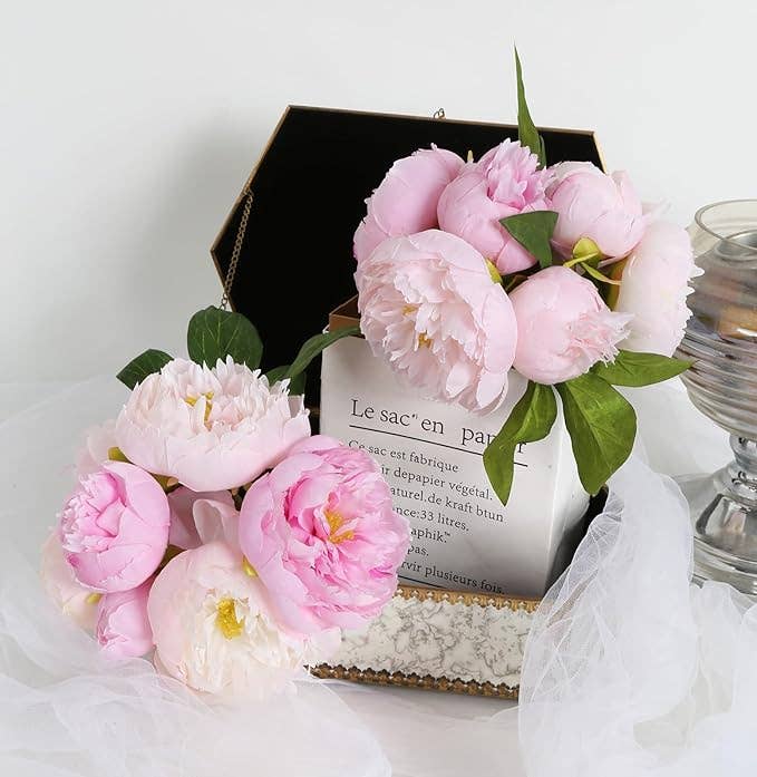 10''T Silk Peony Floral Bouquet, Blooming/Bud Peonies, Pink