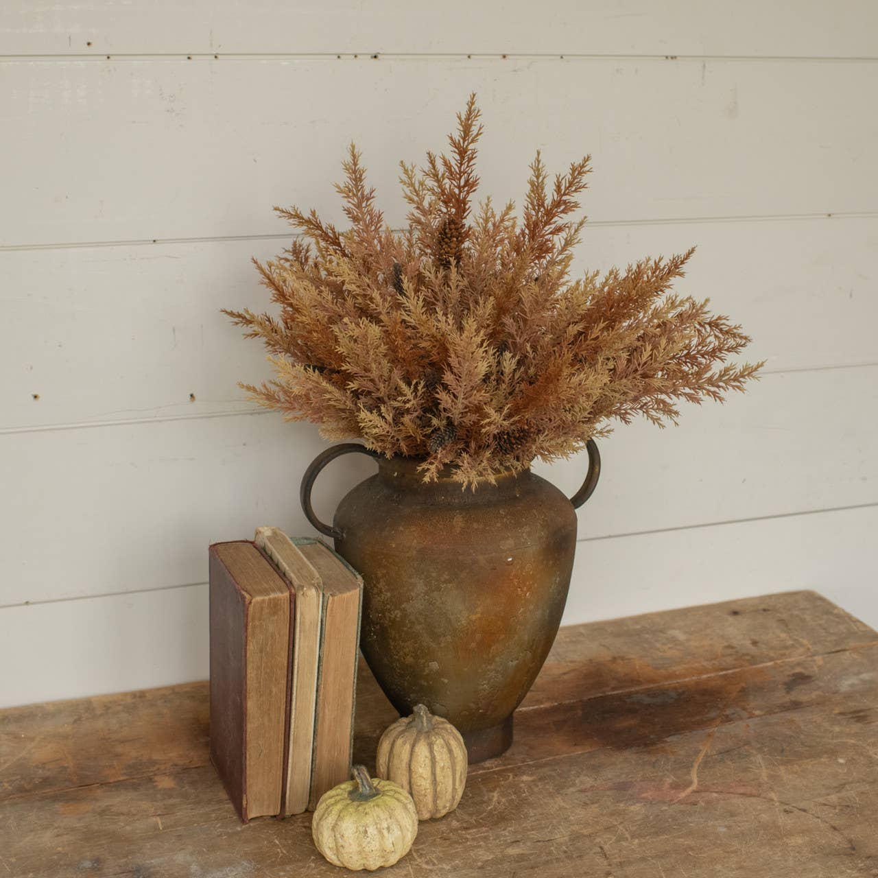14" WHEAT & BURGUNDY PRICKLY PINE BUSH W/ CONES