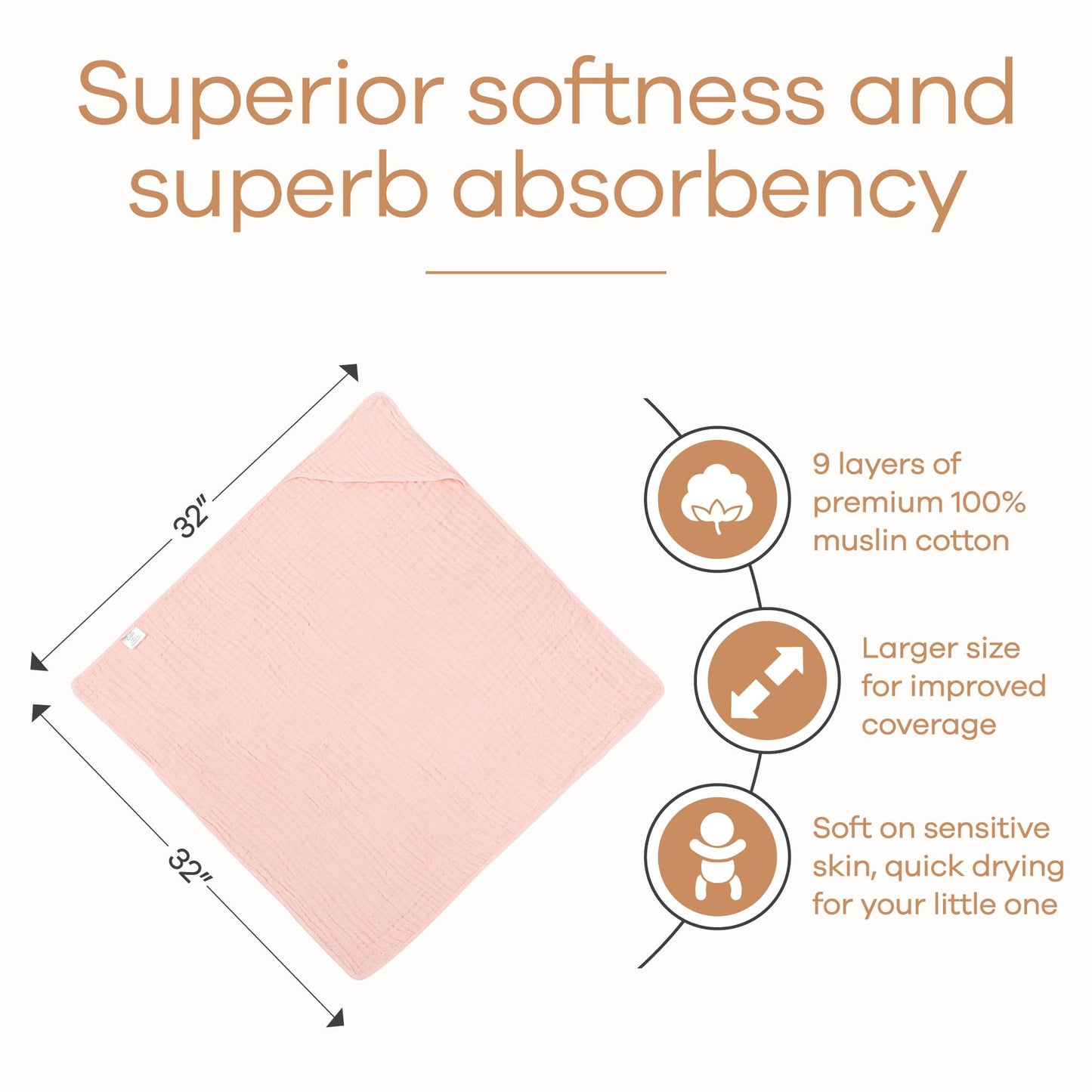 Baby Hooded 9 Layer Muslin Cotton Towel for Kids: White / Pack of 1