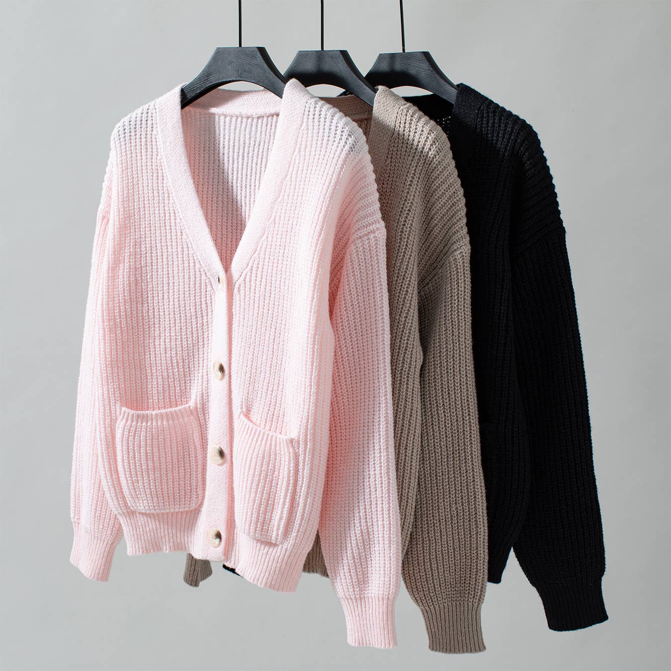 Casual V-Neck Button-Down Knitted Sweater Cardigan: Khaki / S