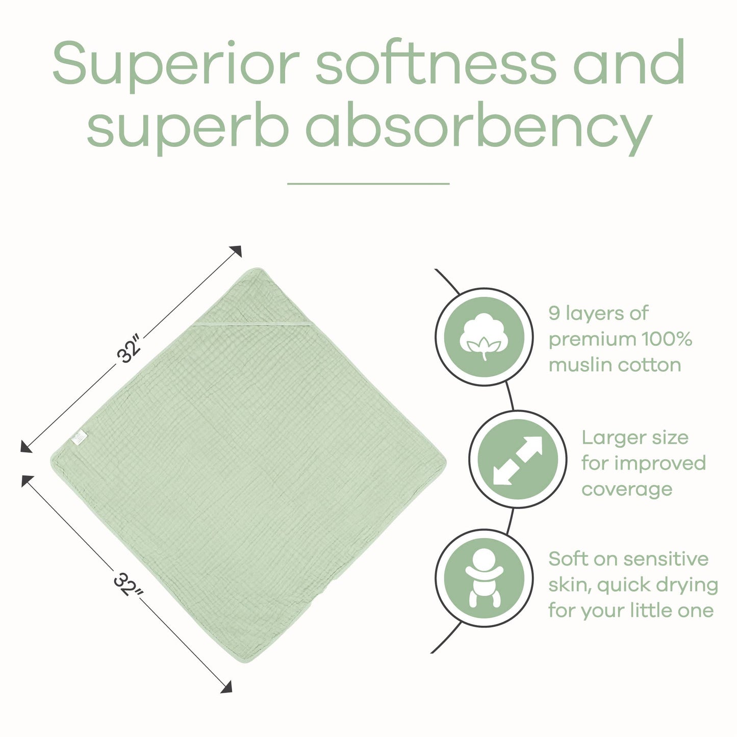 Baby Hooded 9 Layer Muslin Cotton Towel for Kids: White / Pack of 1