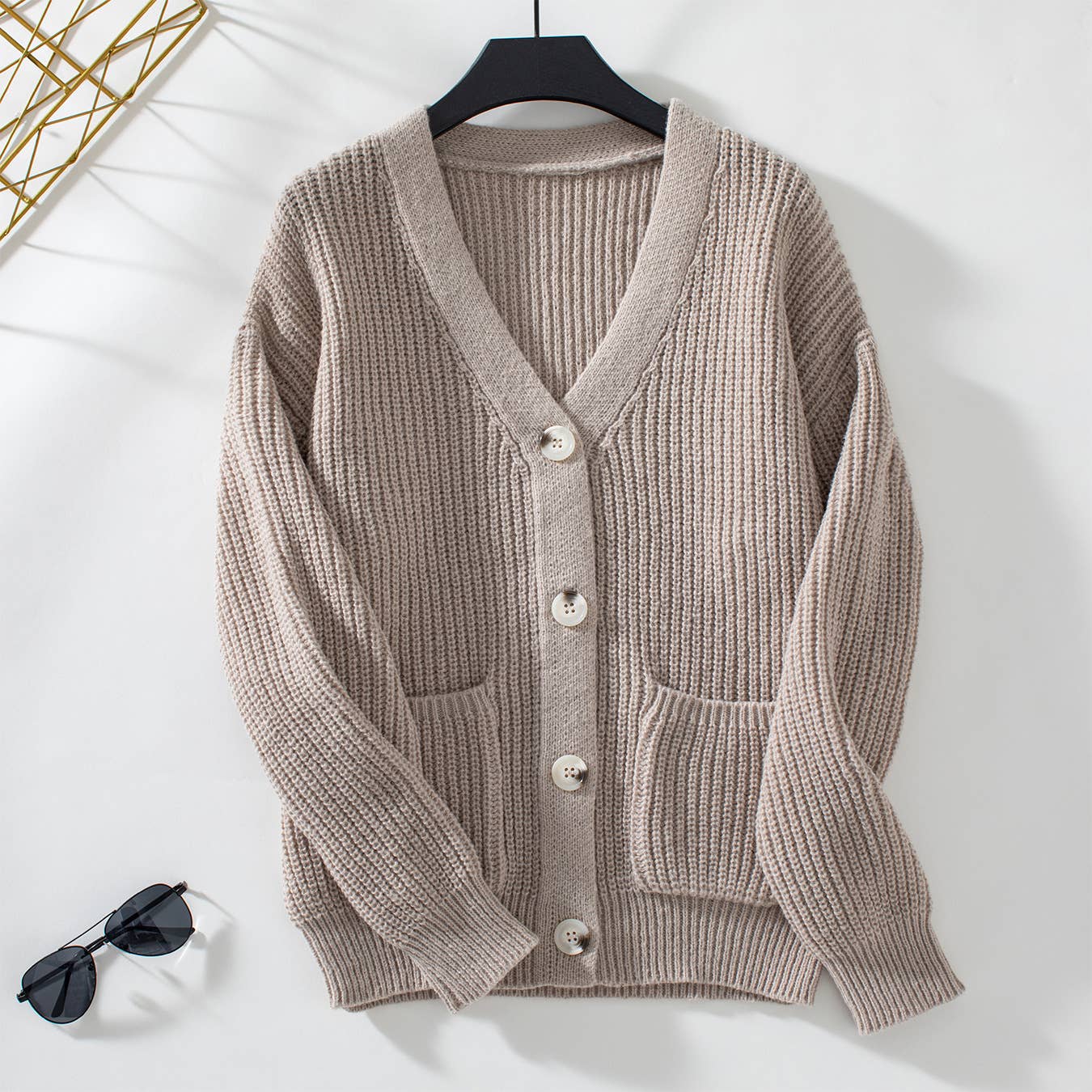 Casual V-Neck Button-Down Knitted Sweater Cardigan: Khaki / L