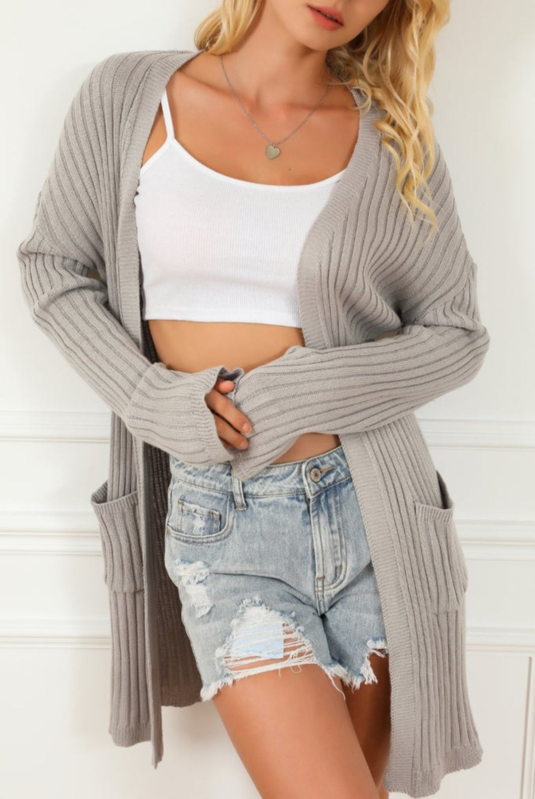 Ribbed Open Front Cardigan- Grey