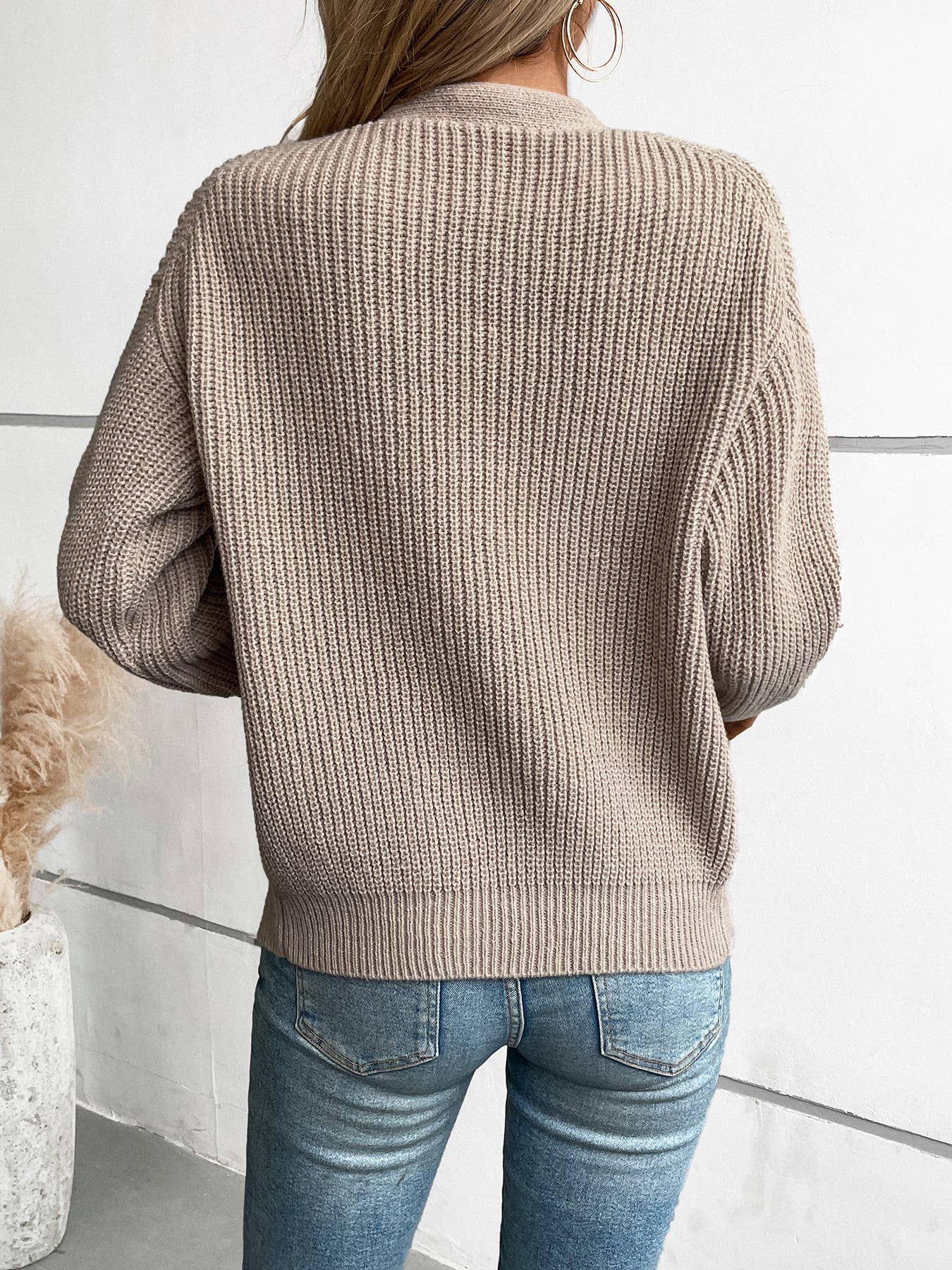 Casual V-Neck Button-Down Knitted Sweater Cardigan: Khaki / S