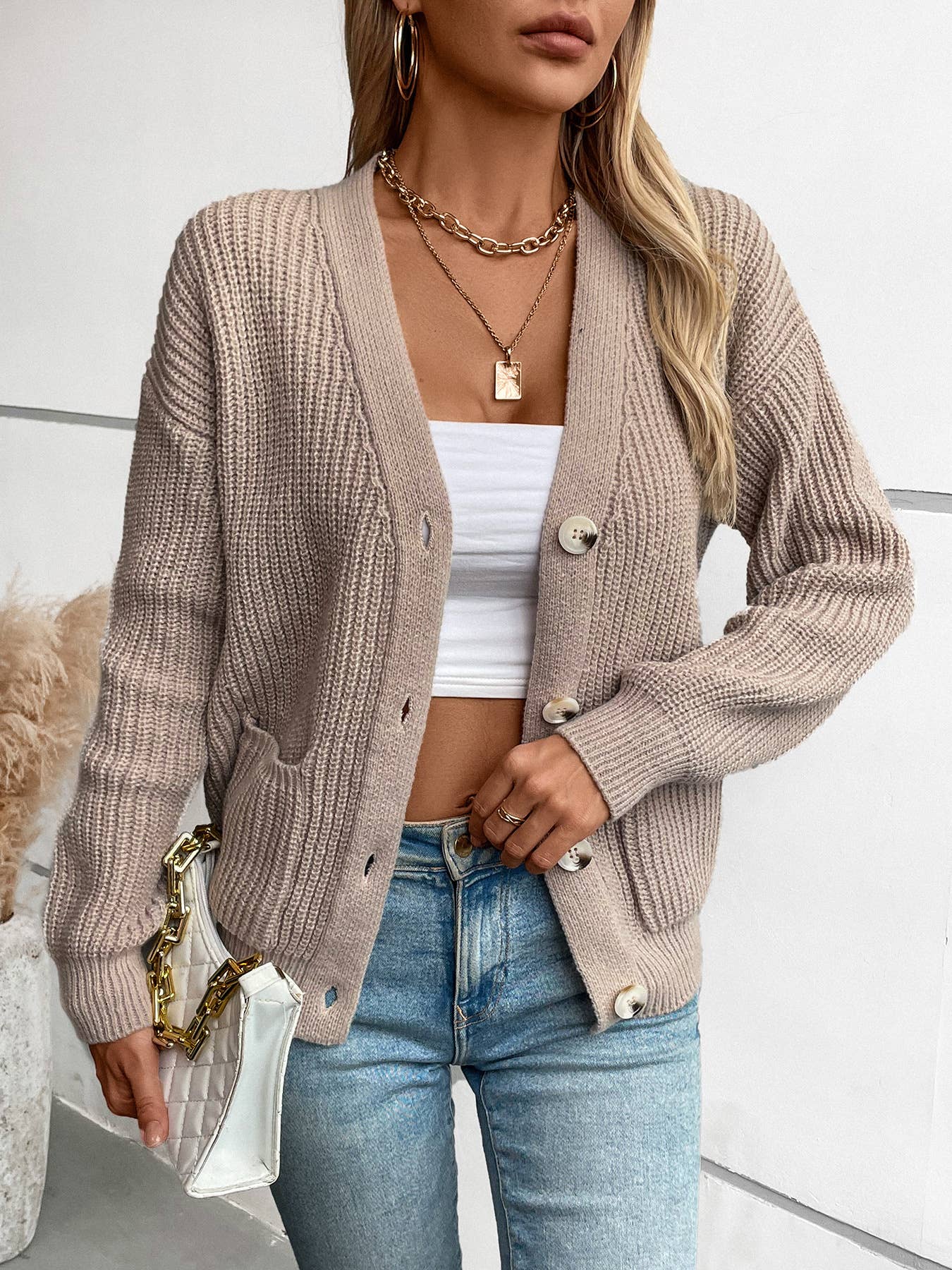 Casual V-Neck Button-Down Knitted Sweater Cardigan: Khaki / S