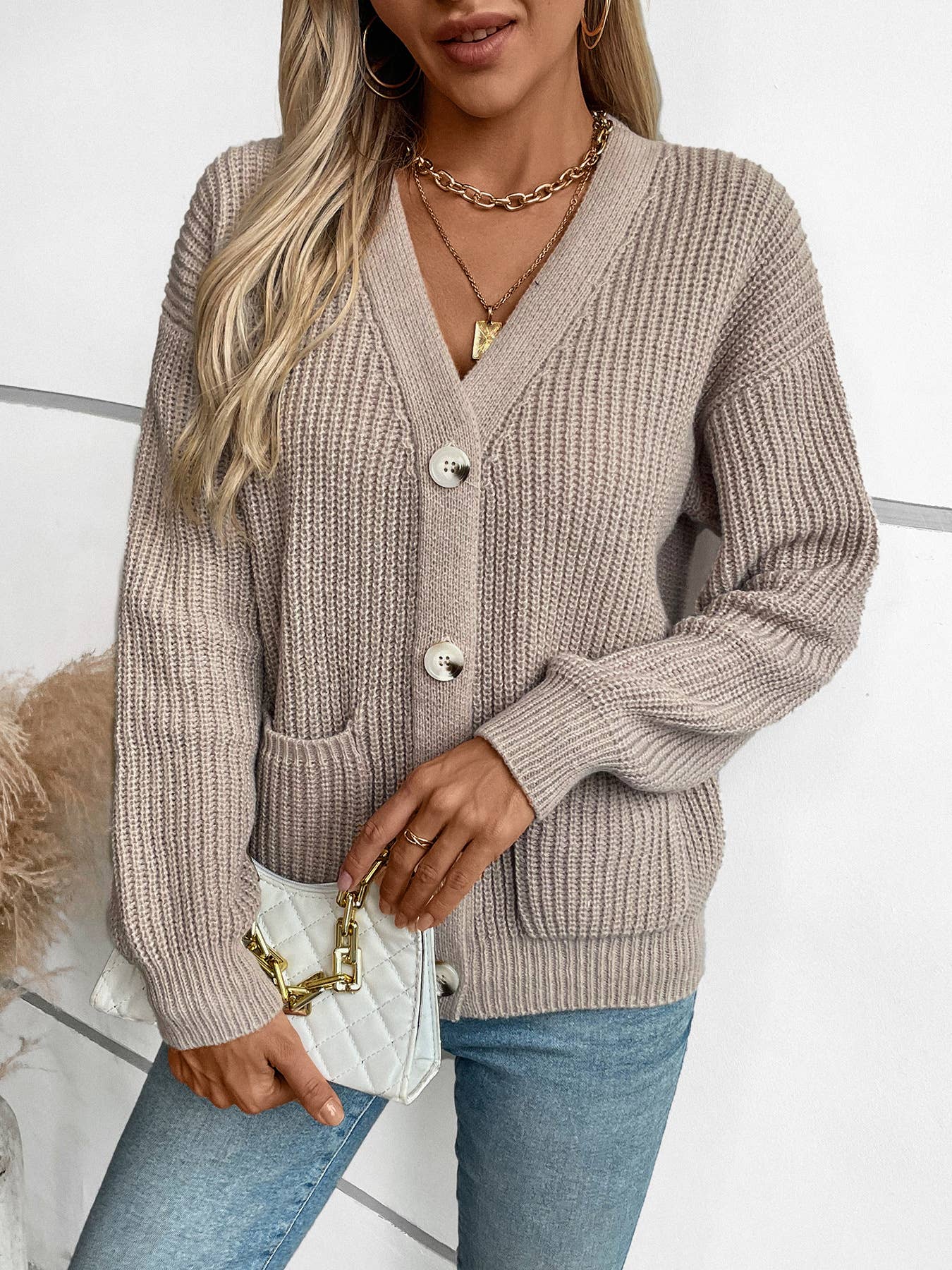 Casual V-Neck Button-Down Knitted Sweater Cardigan: Khaki / L