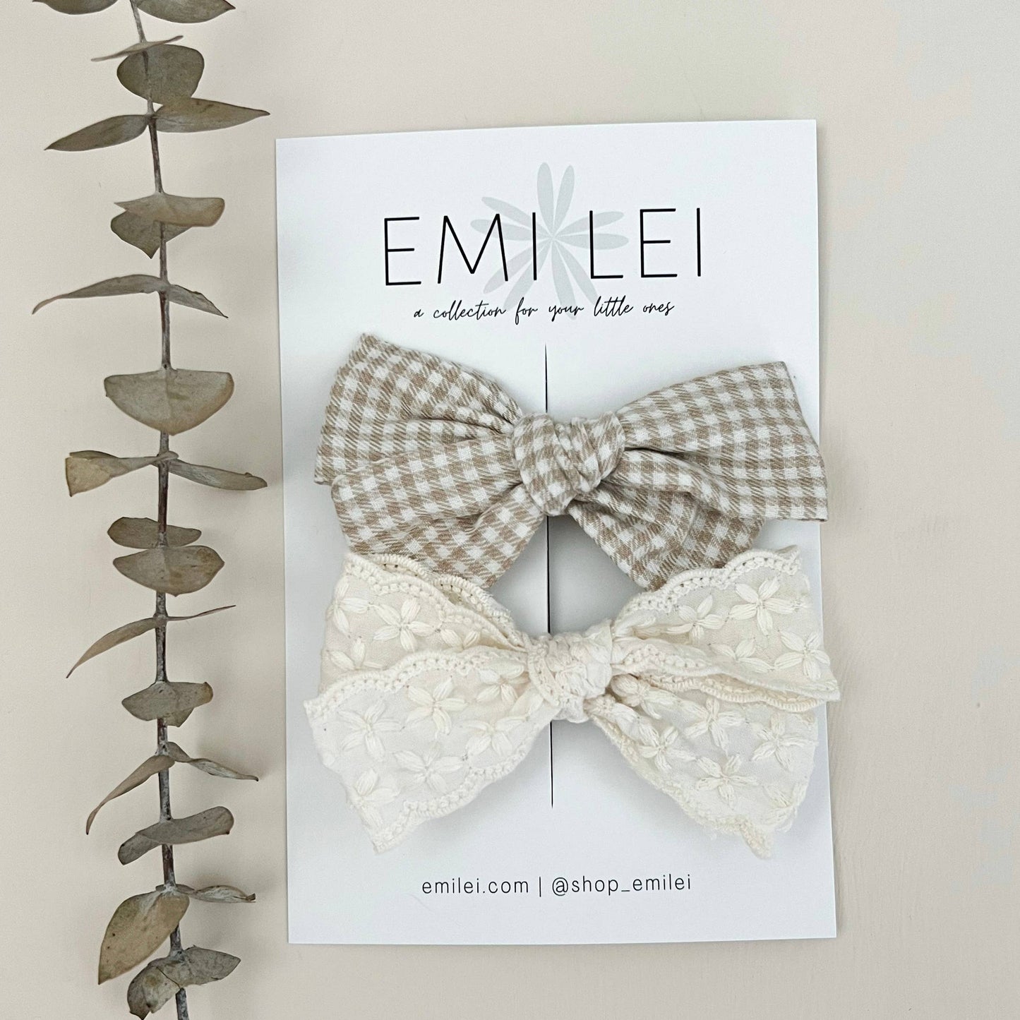 Alligator Clip Bow Set - Taupe Mini Check & Linen Lace