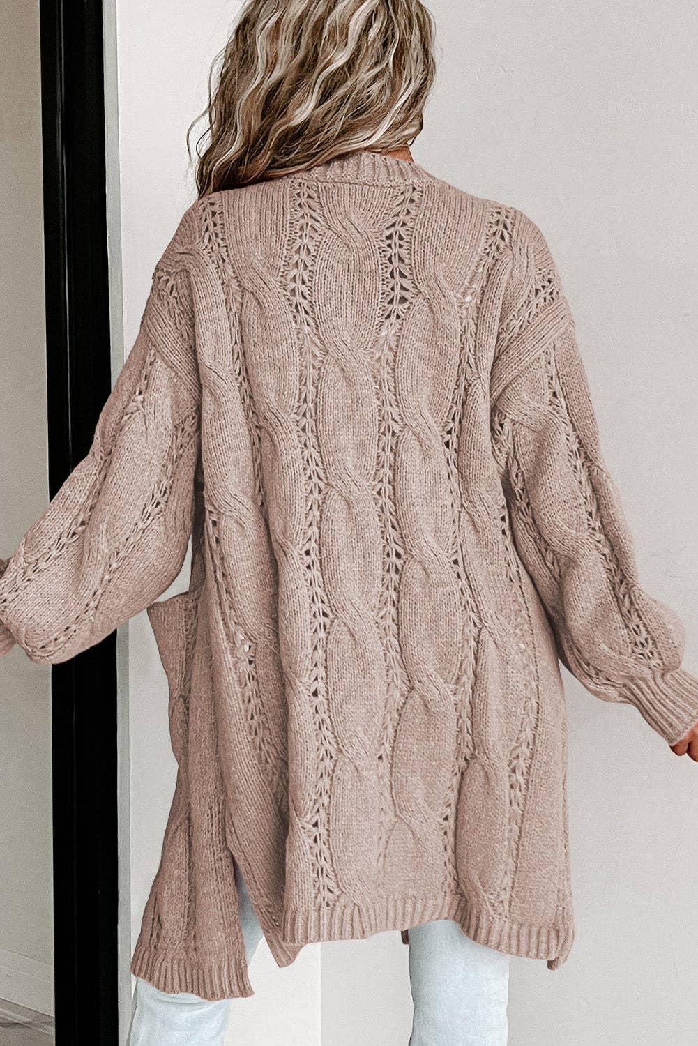 Ribbed Trim Eyelet Cable Knit Cardigan: Apricot / S
