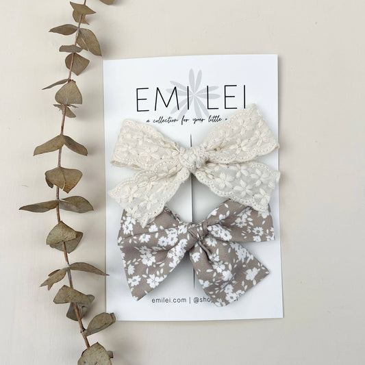 Alligator Clip Bow Set - Linen Lace/Neutral Floral (#6)