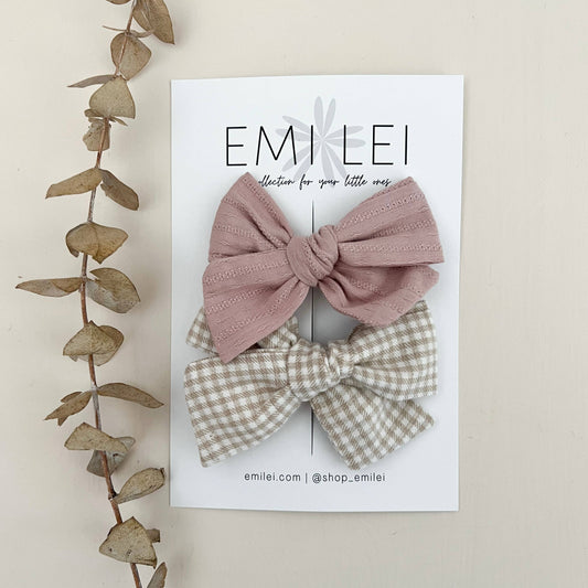 Alligator Clip Bow Set - Textured Mauve & Taupe Mini Check