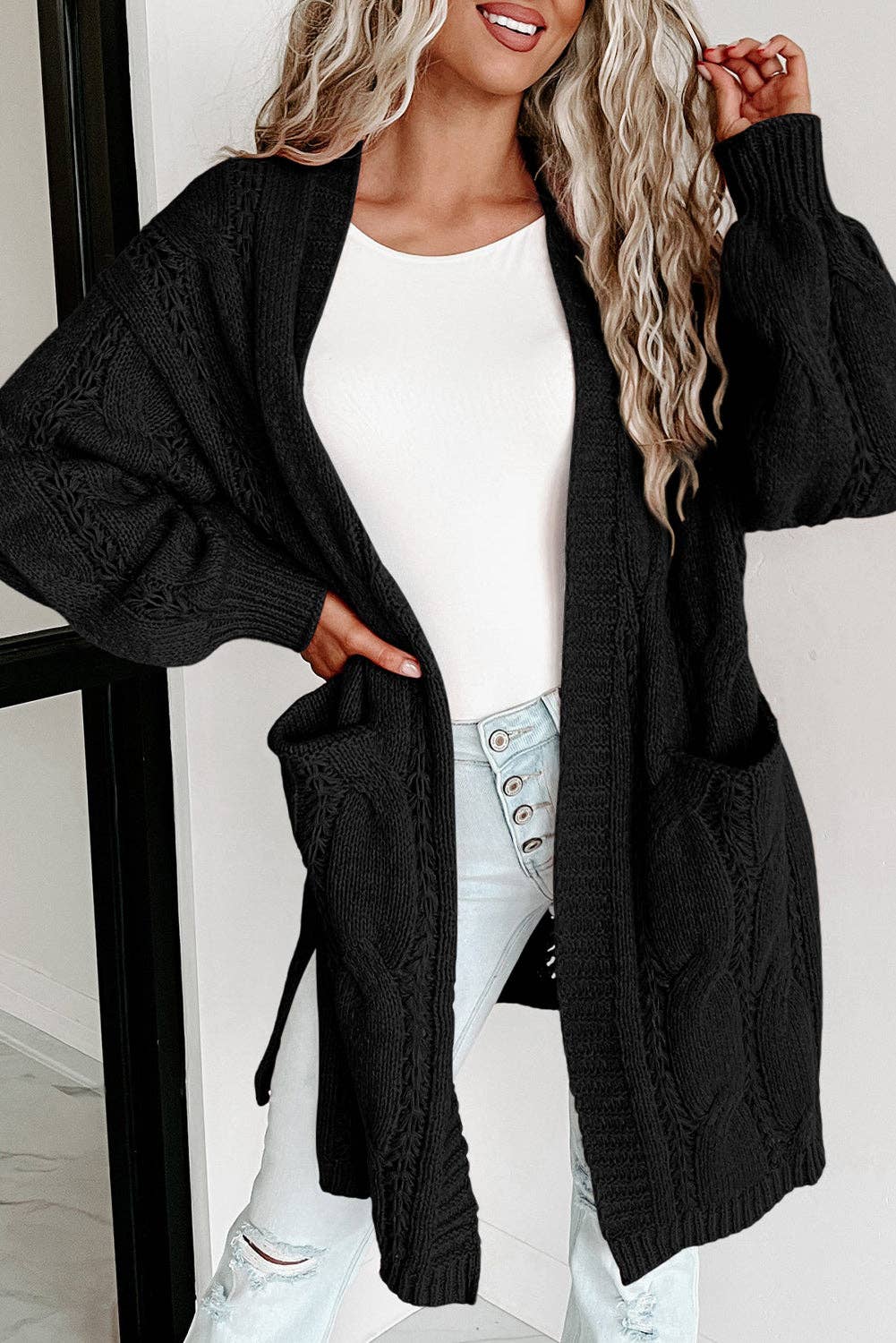 Ribbed Trim Eyelet Cable Knit Cardigan: Apricot / M