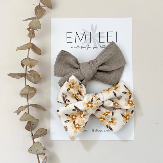 Alligator Clip Bow Set -  Gray Taupe Vintage Floral