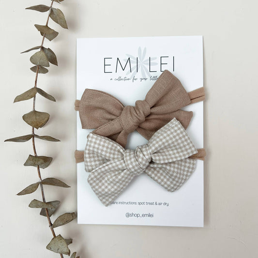 Nylon Stretchy Bow Headband Set - Taupe Linen/Mini Chk (#3)