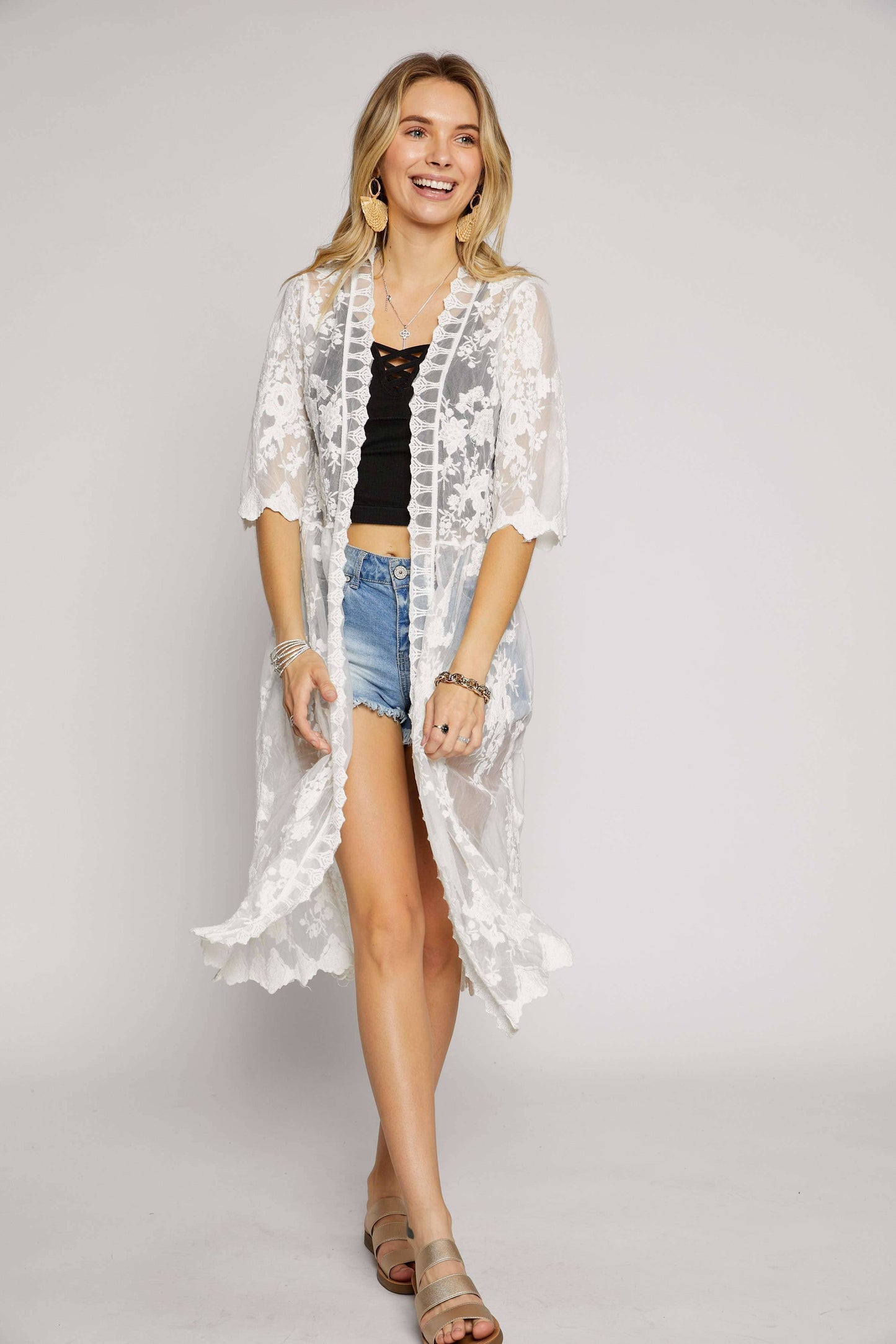 LEJ2137A - LACE CROCHET KIMONO: WHITE / S/M