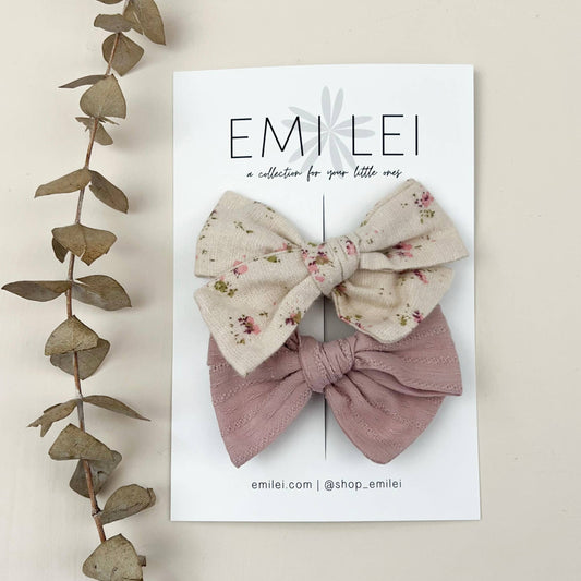 Alligator Clip Bow Set - Mauve/Natural Floral (#8)