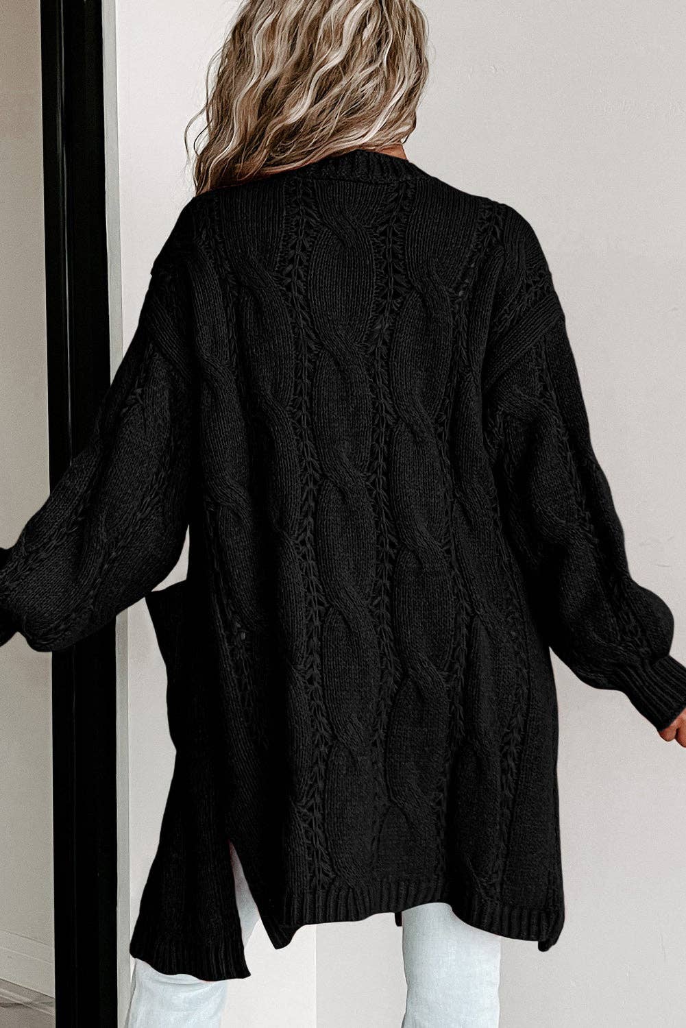 Ribbed Trim Eyelet Cable Knit Cardigan: Apricot / S