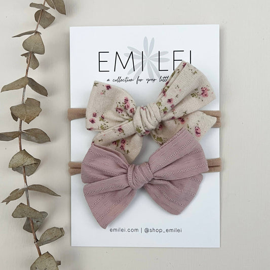 Nylon Stretchy Bow Headband Set - Mauve/Natural Floral (#8)