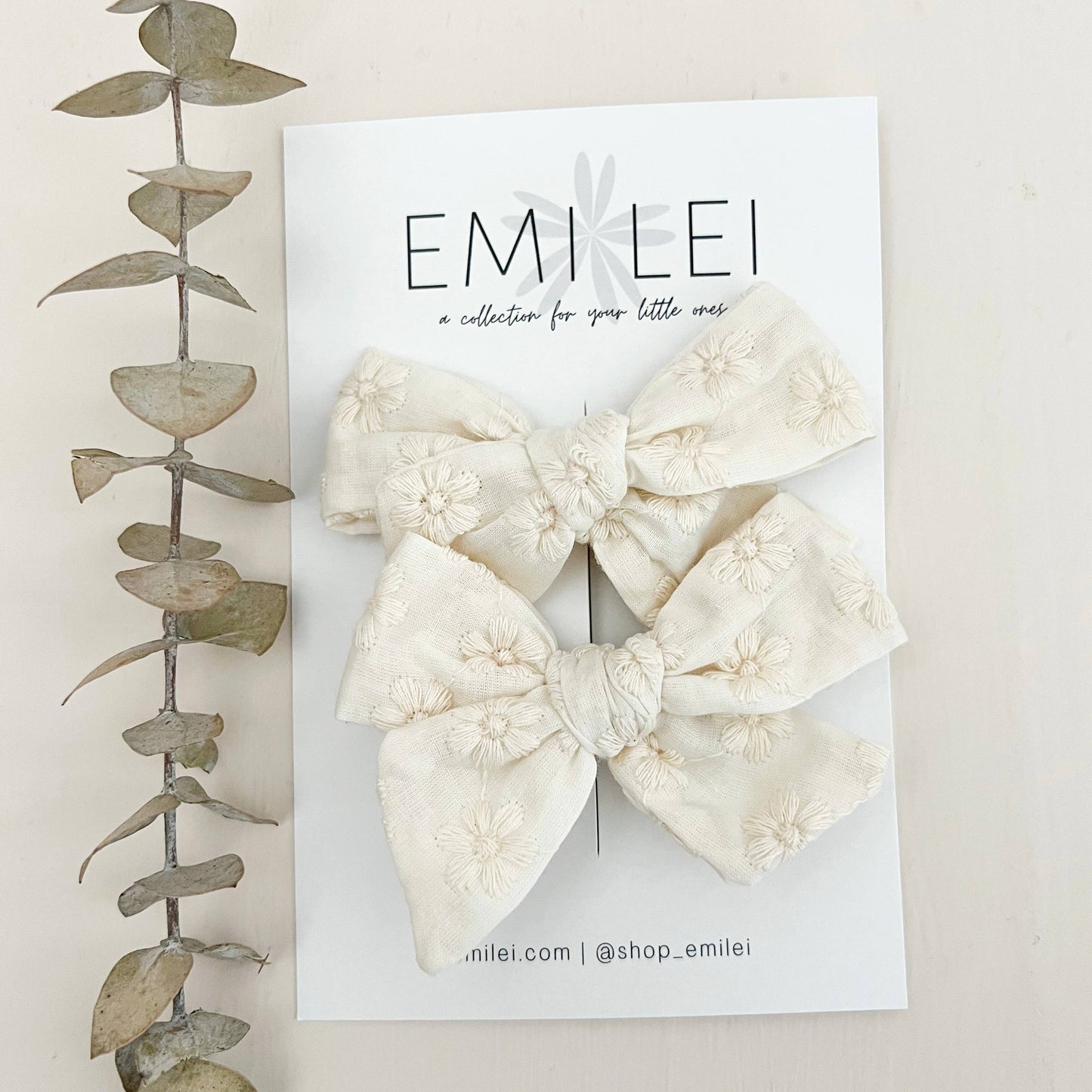 Pigtail Bow Clip Set - Ivory Embroidered Floral