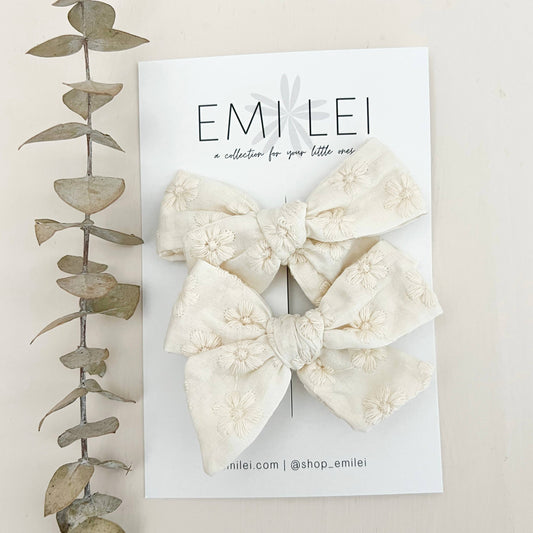 Pigtail Bow Clip Set - Ivory Embroidered Floral