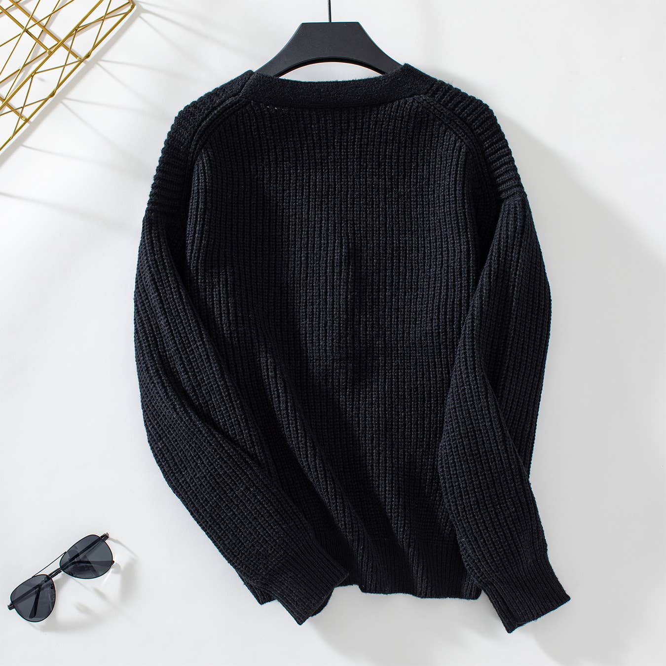 Casual V-Neck Button-Down Knitted Sweater Cardigan: Khaki / S