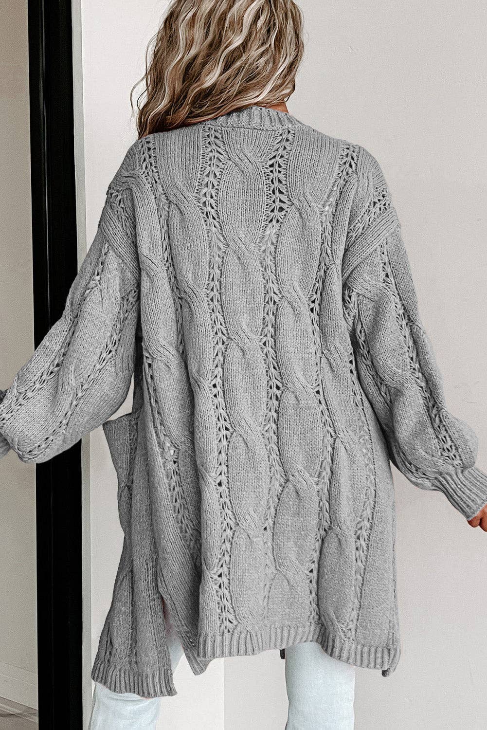 Ribbed Trim Eyelet Cable Knit Cardigan: Apricot / S