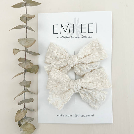 Pigtail Bow Clip Set - Linen Lace