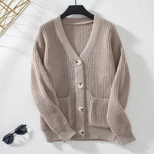 Casual V-Neck Button-Down Knitted Sweater Cardigan: Khaki / M