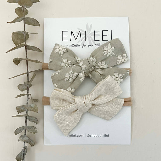 Nylon Stretchy Bow Headband Set - Embroi Sage Floral & Ivory