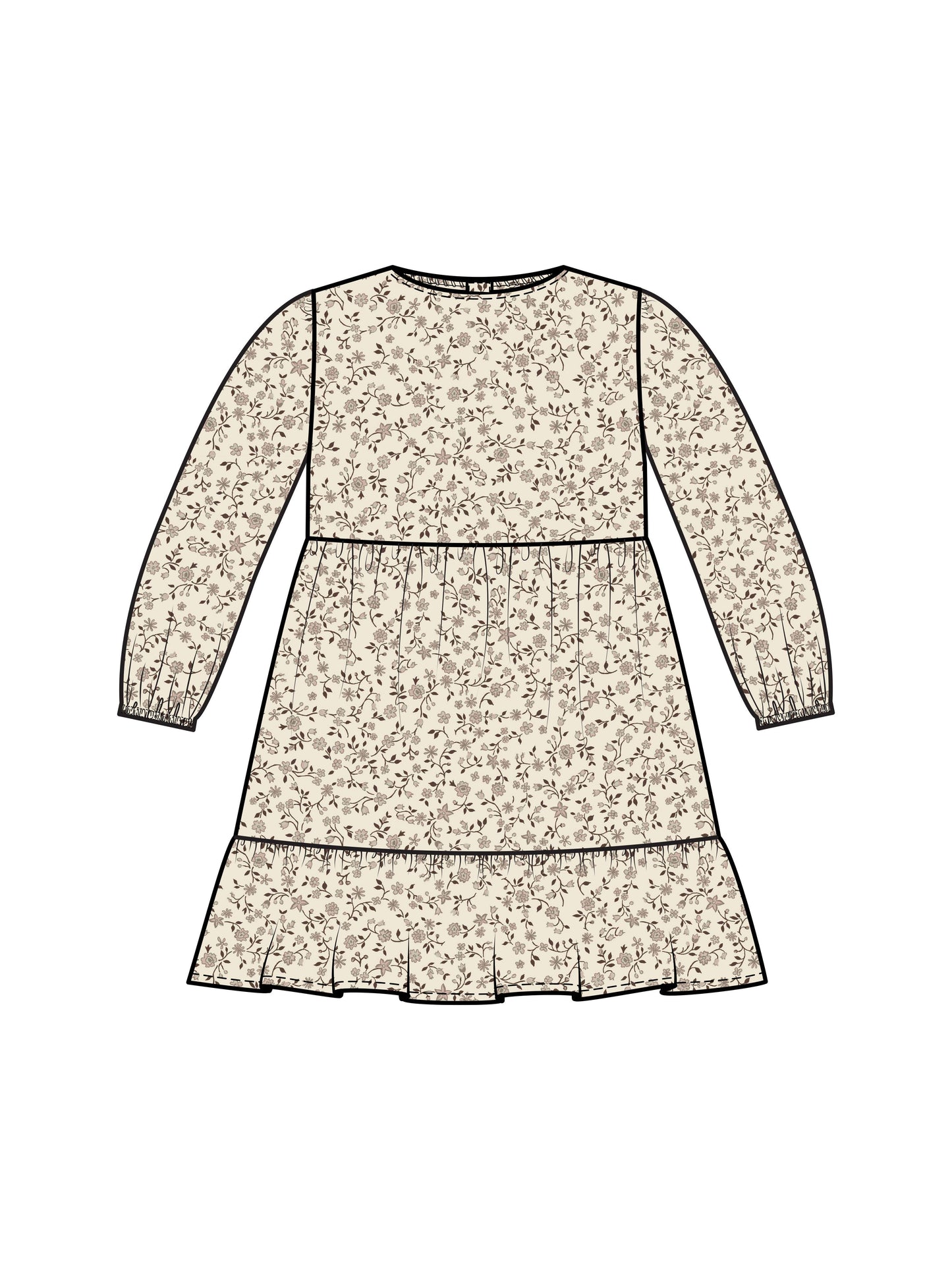 Sofia Long Sleeve Tiered Dress-Primrose Floral/Chestnut+Taup: 3T