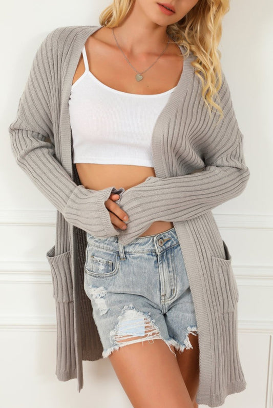 Ribbed Open Front Cardigan- Grey