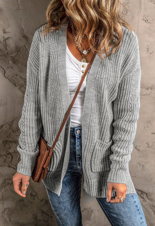 Open Front Pocket Sweater Cardigan- Grey