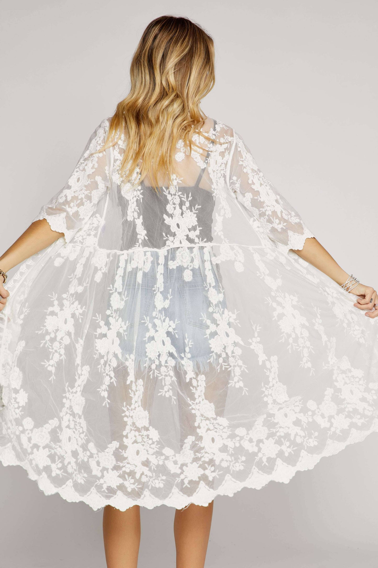LEJ2137A - LACE CROCHET KIMONO: WHITE / S/M