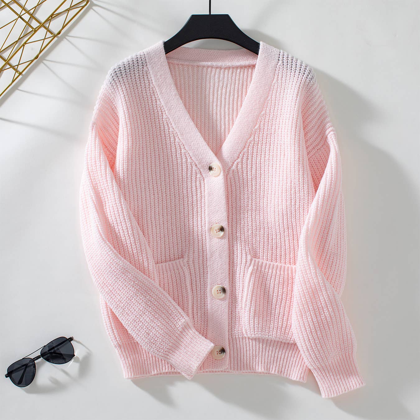 Casual V-Neck Button-Down Knitted Sweater Cardigan: Khaki / S