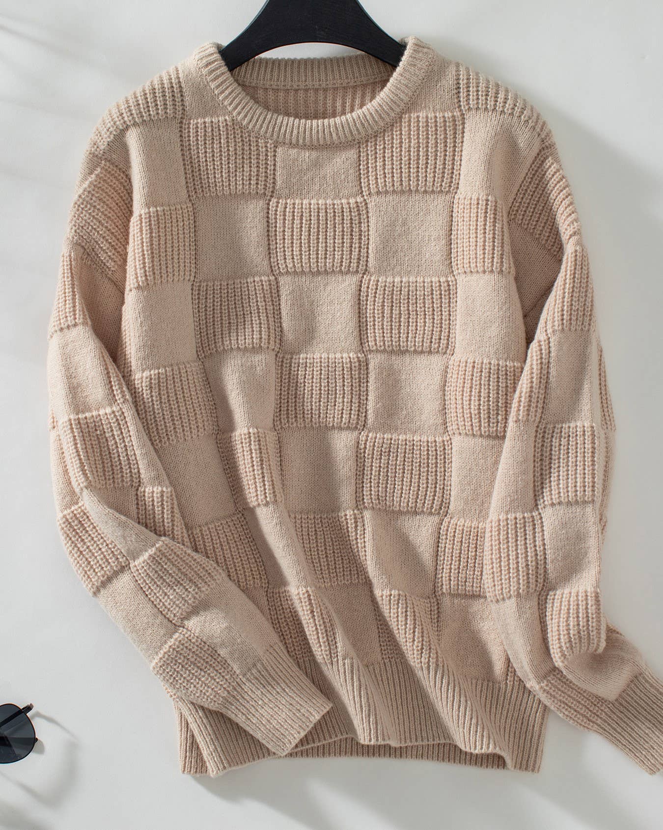 Minimalist Checked Crewneck Sweater: Apricot / M
