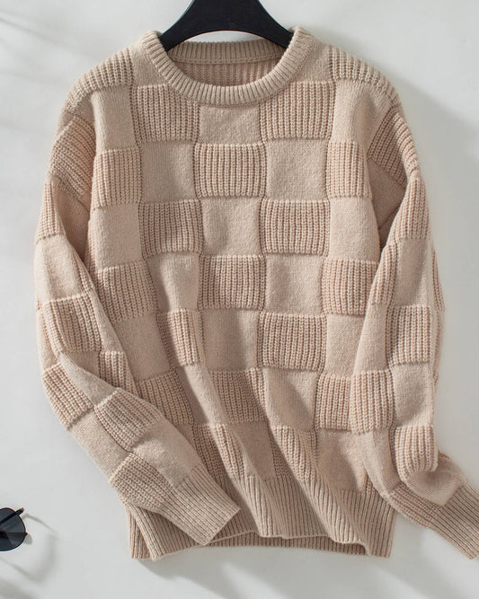 Minimalist Checked Crewneck Sweater: Apricot / S