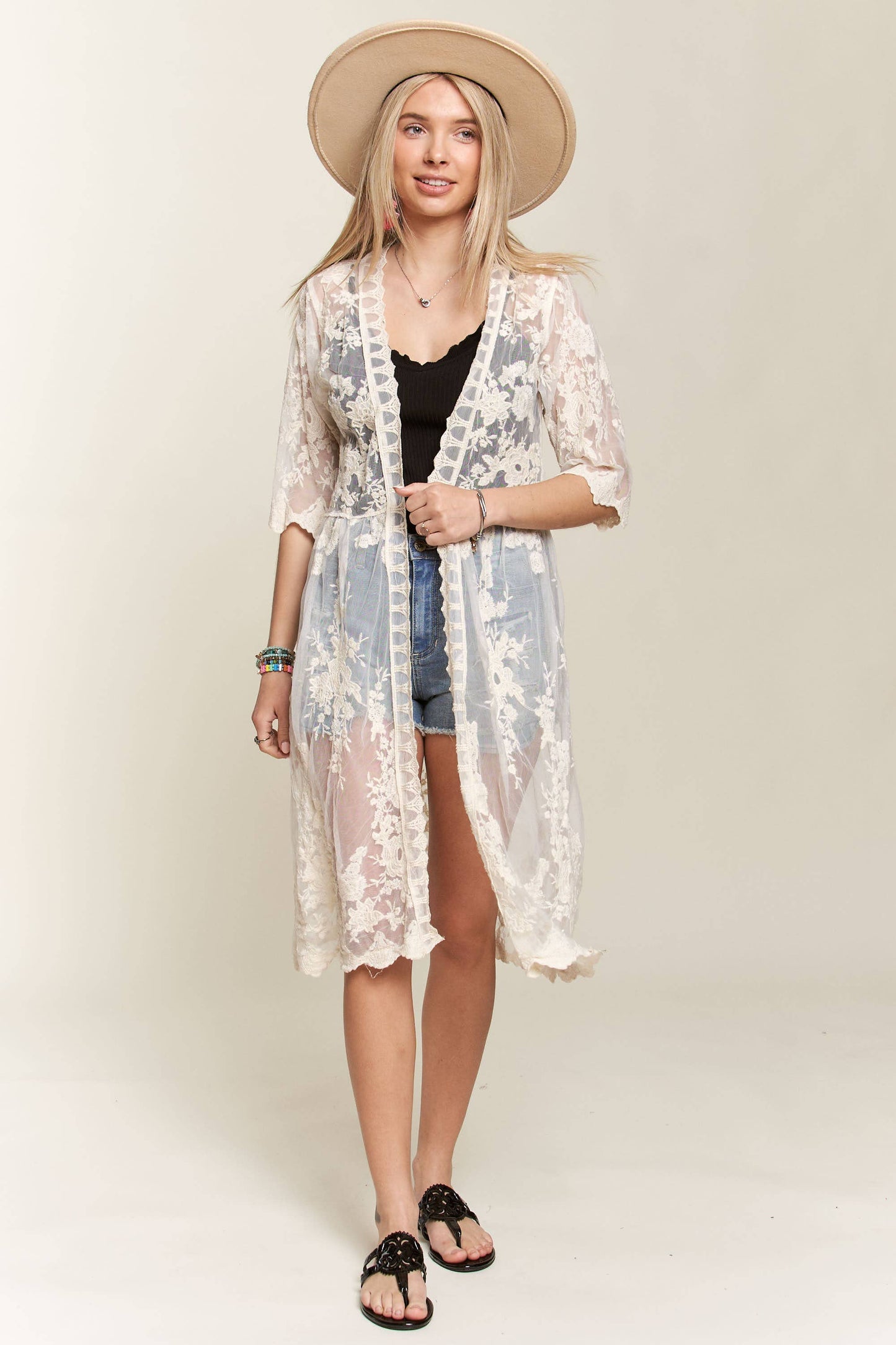 LEJ2137A - LACE CROCHET KIMONO: WHITE / S/M