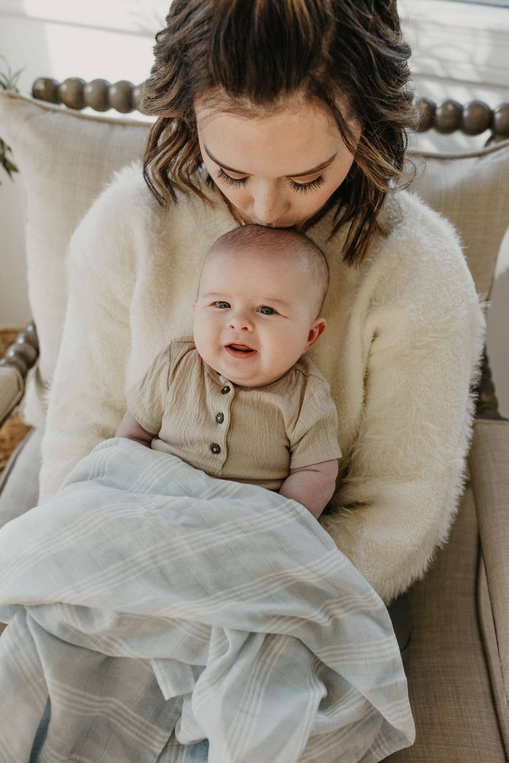Muslin Swaddle Baby Blanket – Stripe: Smoke Rose