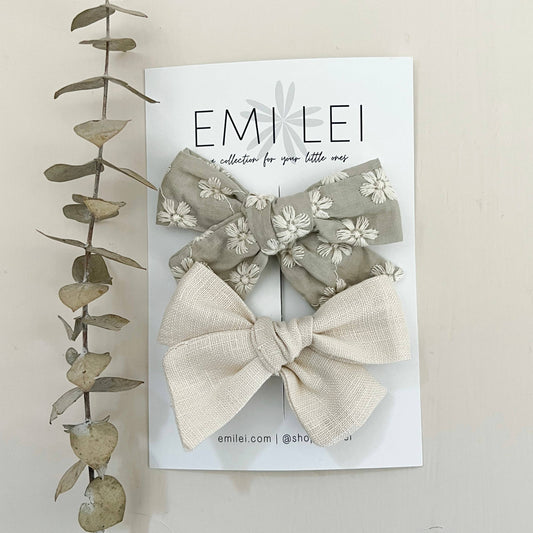 Alligator Clip Bow Set - Embroidered Sage Floral & Ivory