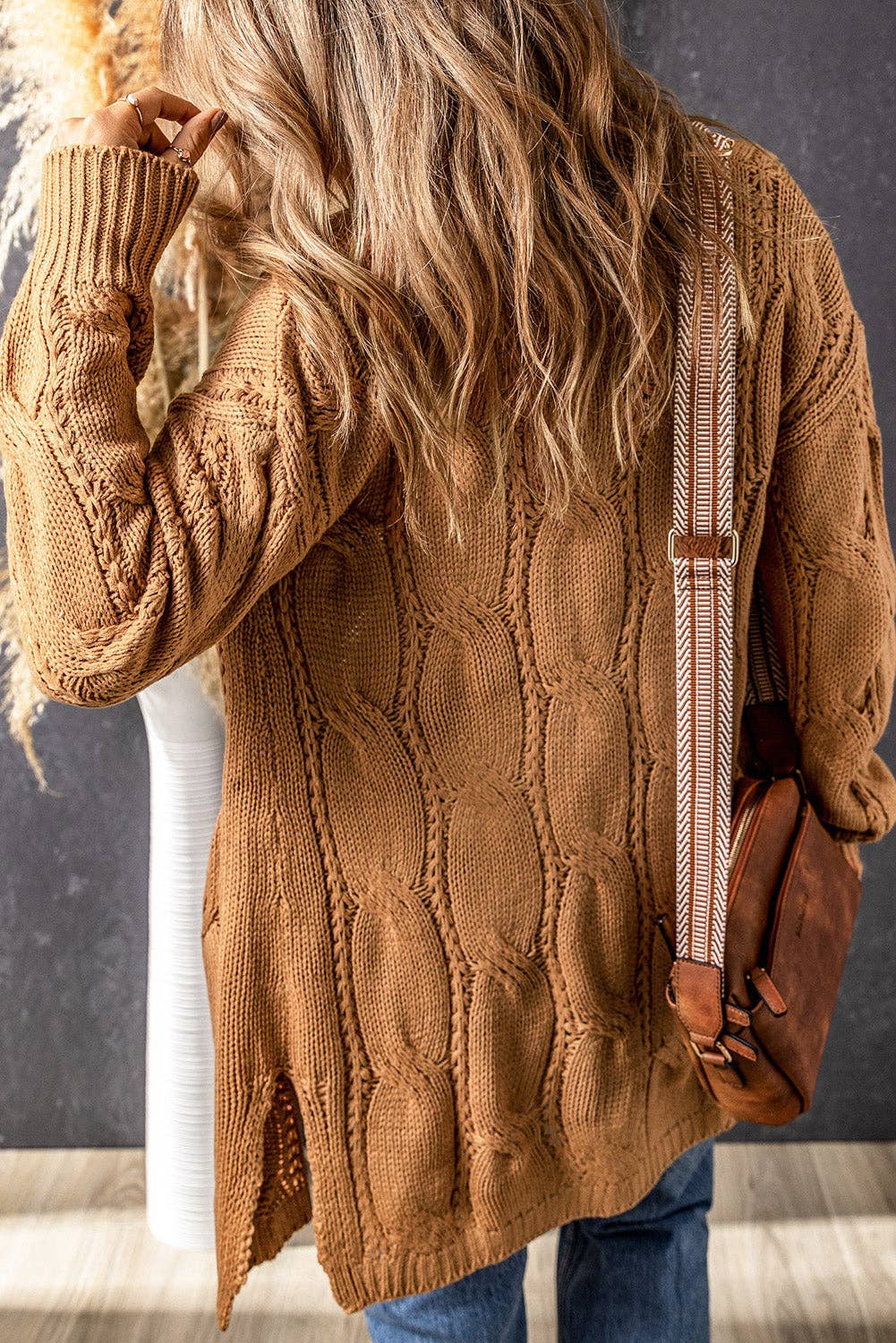 Ribbed Trim Eyelet Cable Knit Cardigan: Apricot / XL