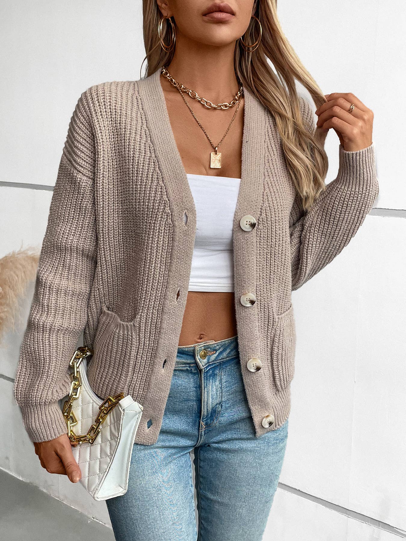 Casual V-Neck Button-Down Knitted Sweater Cardigan: Khaki / M