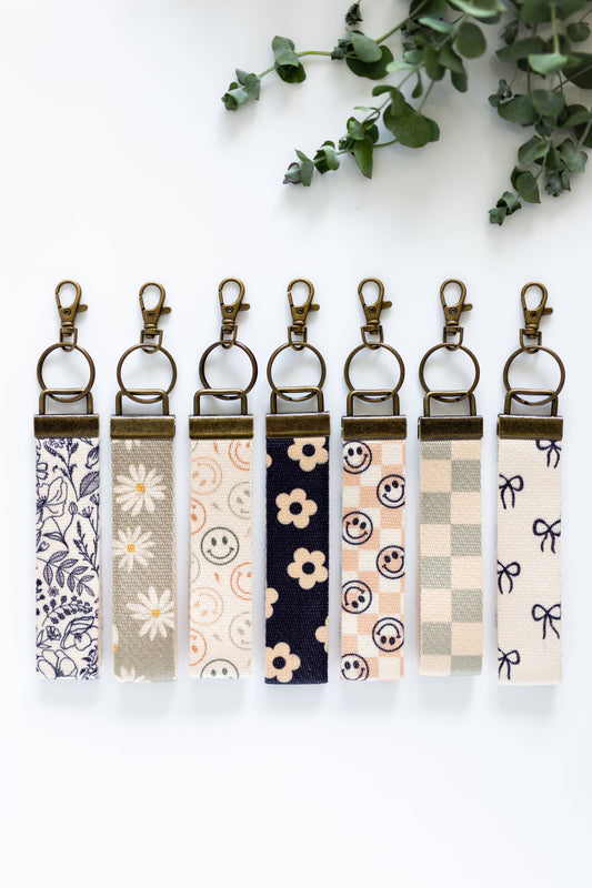 Canvas Wrist Keychain Lanyard, Custom Lanyard, Key Fob Wrist: #3 B&W Flowers / 1.25 Inches Wide (size pictured)