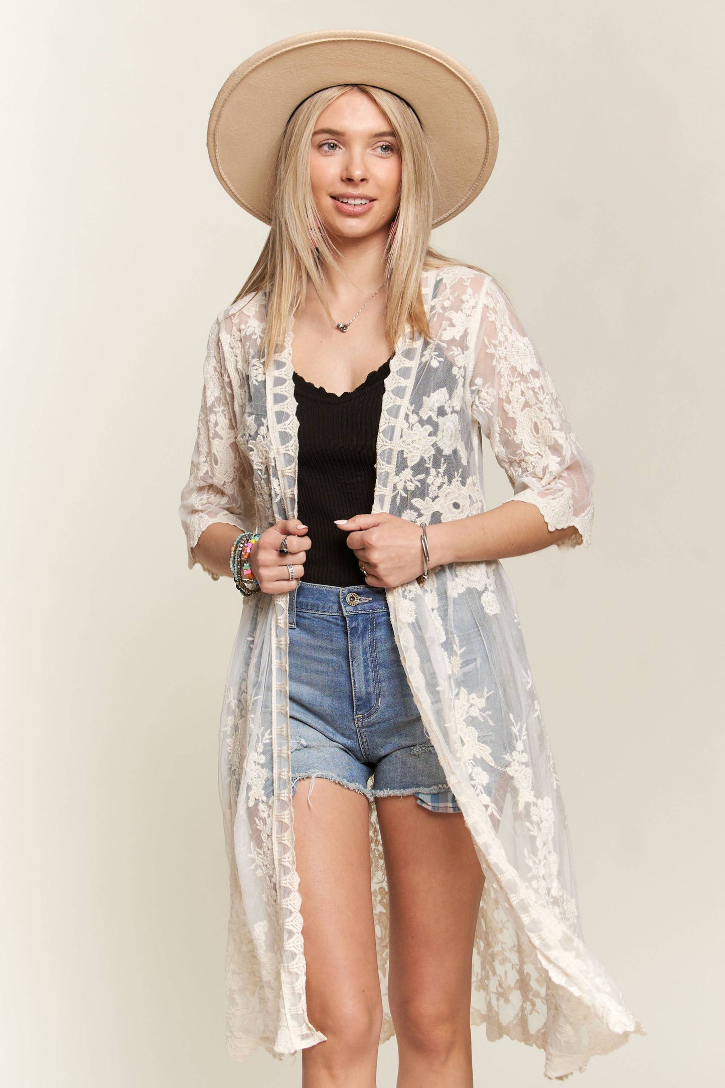 LEJ2137A - LACE CROCHET KIMONO: WHITE / M/L