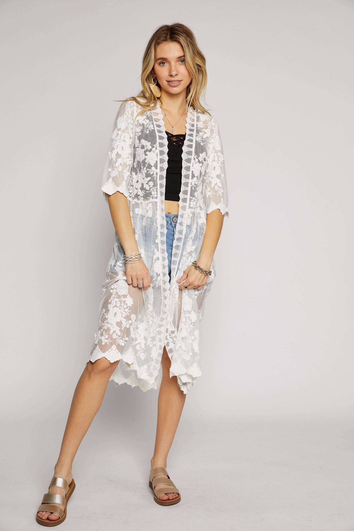 LEJ2137A - LACE CROCHET KIMONO: WHITE / M/L