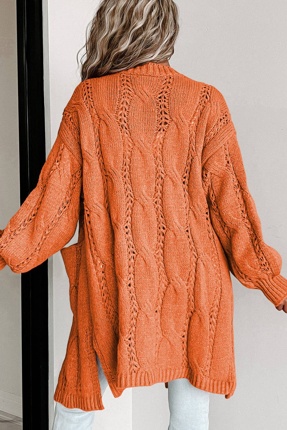 Ribbed Trim Eyelet Cable Knit Cardigan: Apricot / XXL