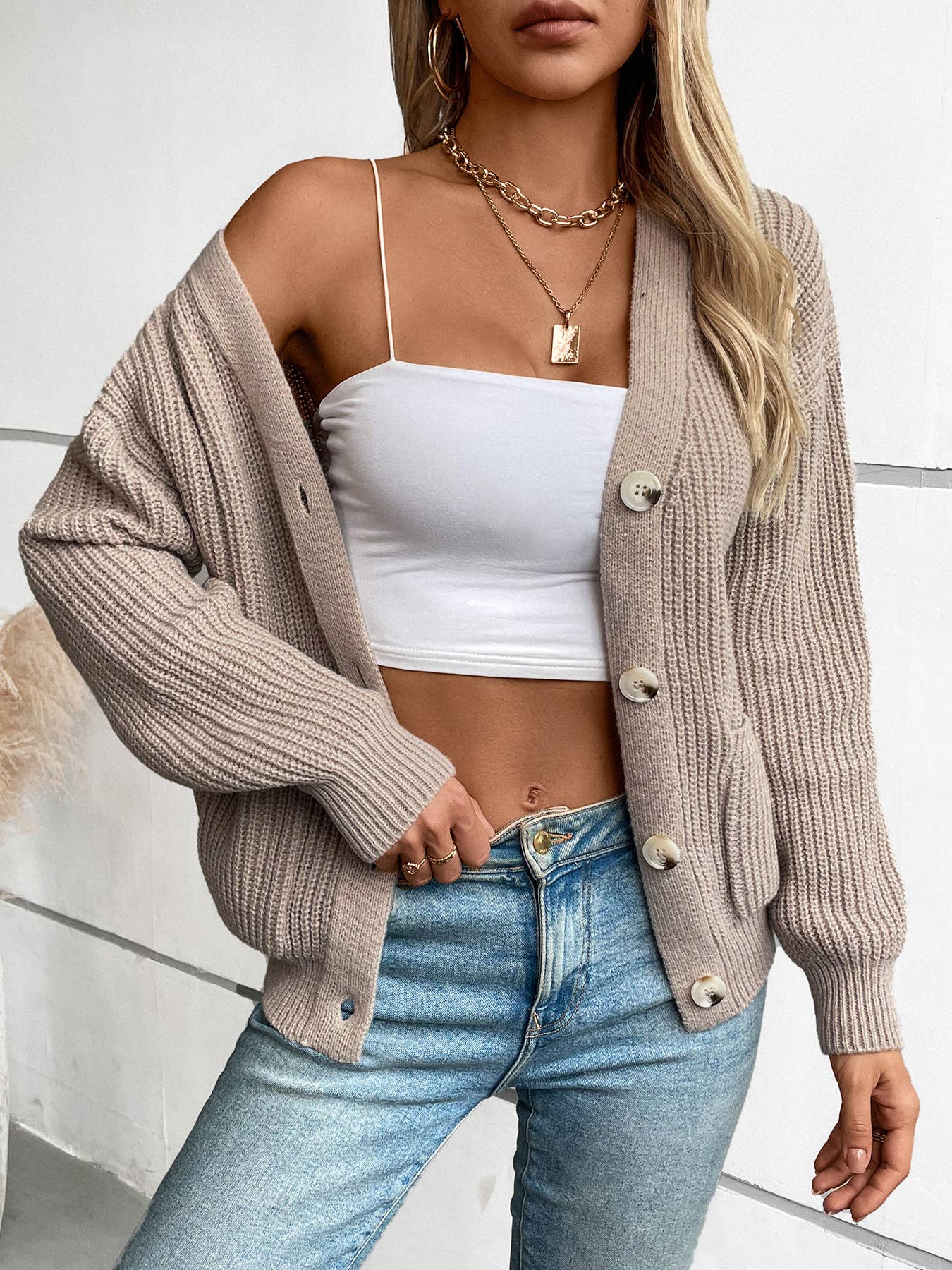 Casual V-Neck Button-Down Knitted Sweater Cardigan: Khaki / M