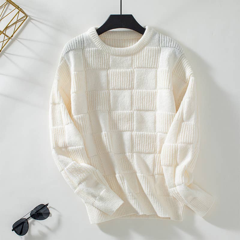 Minimalist Checked Crewneck Sweater: Apricot / XL