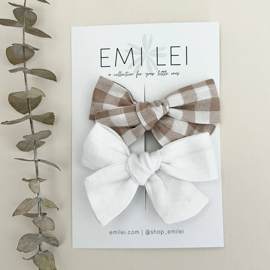 Alligator Clip Bow Set - White & Neutral Gingham
