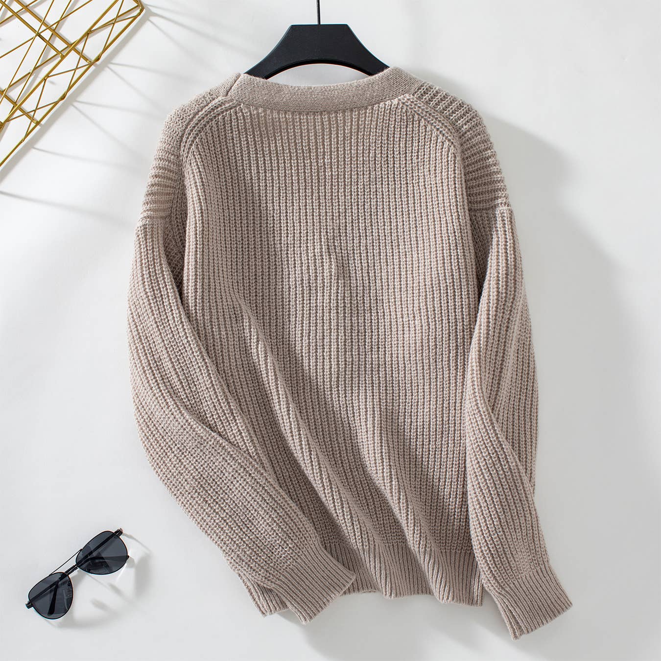 Casual V-Neck Button-Down Knitted Sweater Cardigan: Khaki / M
